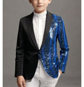 Boys kids gold blue green sequined jazz dance blazers children pianist host singers birthday festival party flower boys performance coats